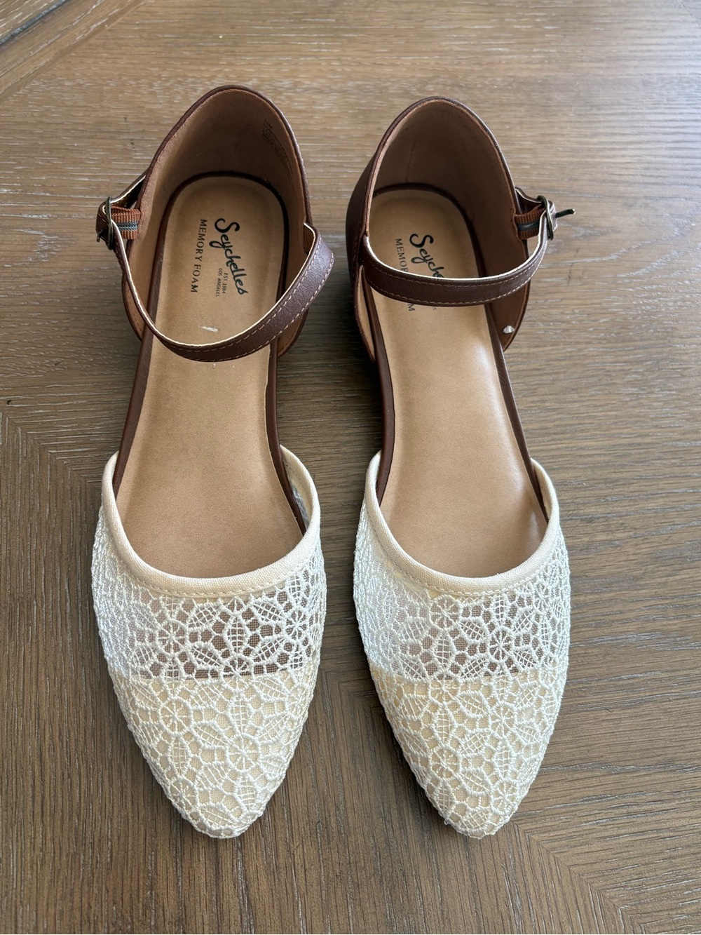 Seychelles Cream Lace Pointed-Toe Flats with Brown Ankle Straps